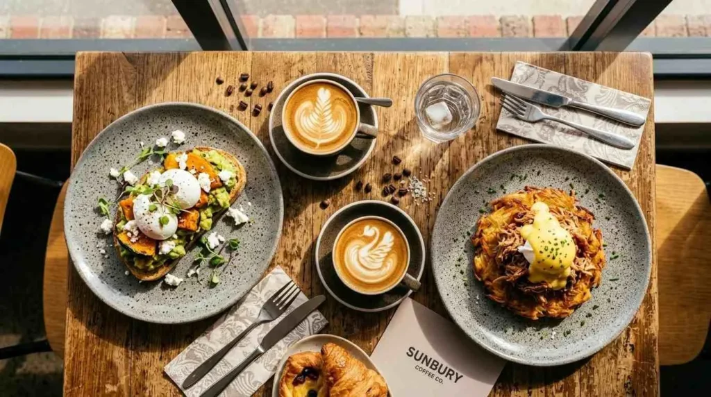 Overhead view Food in Sunbury of a café brunch table spread featuring smashed avocado toast with poached eggs, a pulled pork rösti, two cups of latte art coffee, fresh pastries, and cutlery on a rustic wooden tabletop.