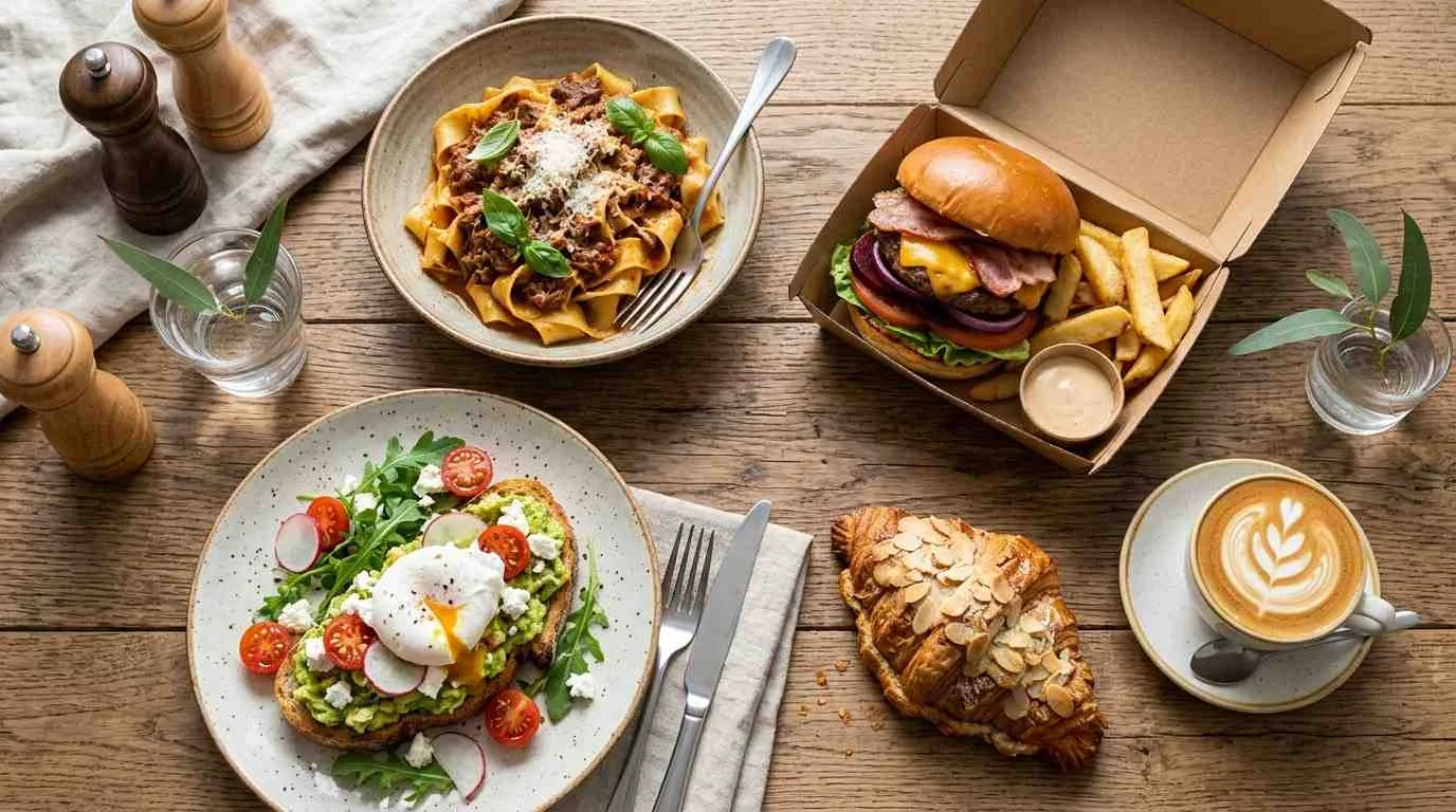 Flat-lay of a brunch plate, pasta dish, takeaway burger, and bakery pastry representing Food in Sunbury options