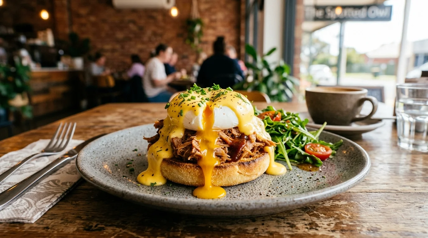A toasted muffin topped with savory pulled pork, a perfectly poached egg with runny yolk cascading down the sides, and a rich, yellow hollandaise sauce sprinkled with fresh green herbs.