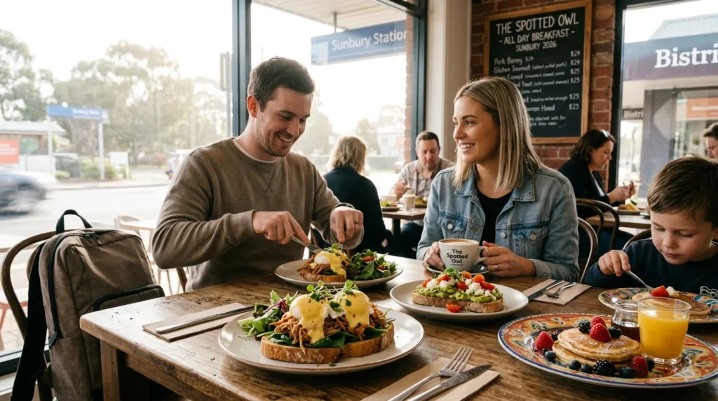 A wooden table is filled with breakfast dishes, including pulled pork benedict with poached eggs and hollandaise sauce, smashed avocado toast topped with feta and cherry tomatoes, and berry-topped pancakes served with a glass of orange juice Best Restaurant in Sunbury.