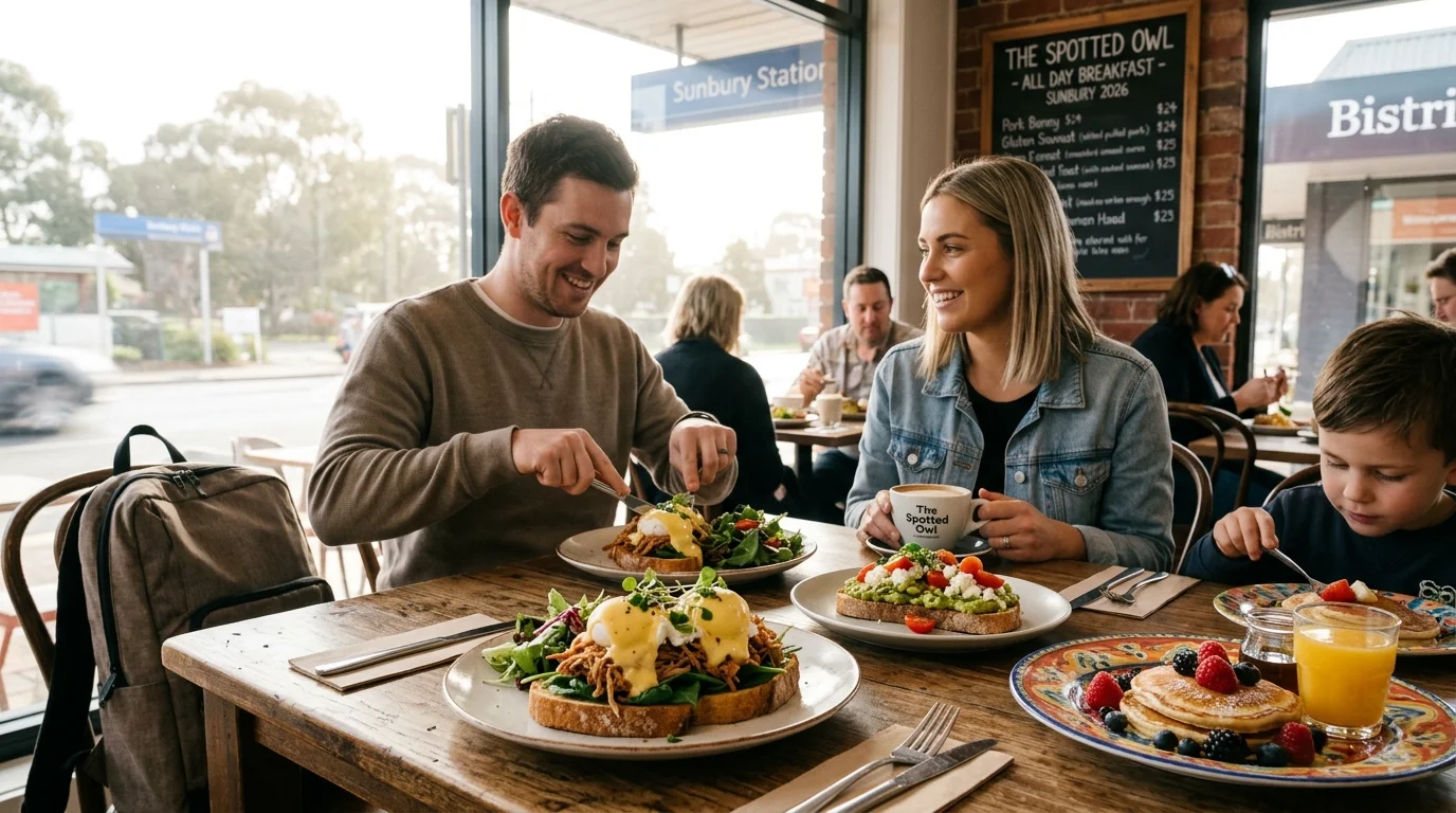 A wooden table is filled with breakfast dishes, including pulled pork benedict with poached eggs and hollandaise sauce, smashed avocado toast topped with feta and cherry tomatoes, and berry-topped pancakes served with a glass of orange juice Best Restaurant in Sunbury.