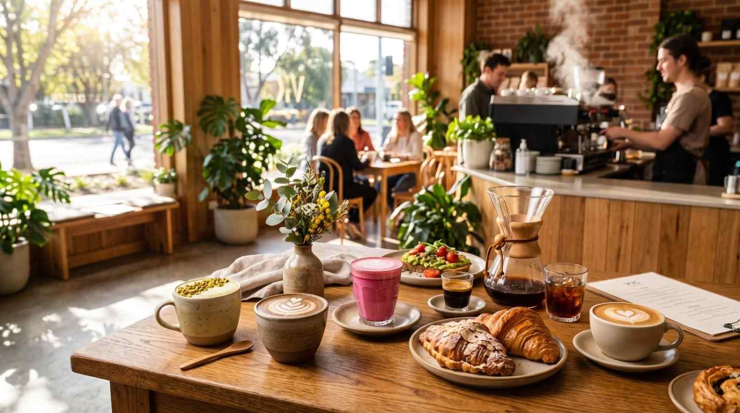 A full breakfast table featuring a matcha latte, espresso, pink latte, pastries, and pour-over coffee inside the best restaurant in Sunbury.