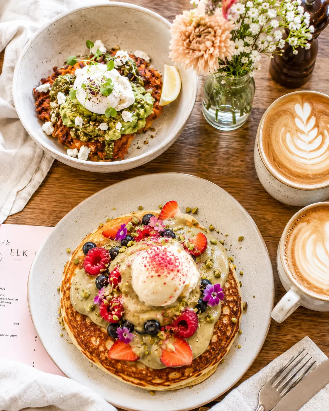 Brunch in Sunbury at The Spotted Owl Cafe — hotcakes, fritters and specialty coffee on a timber table