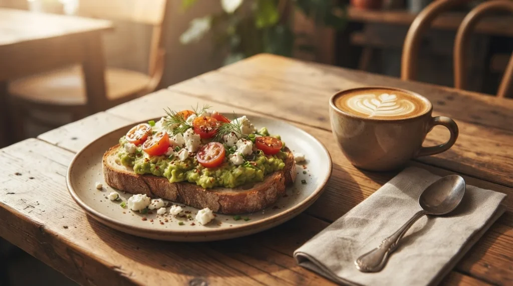 A slice of artisan sourdough toast topped with mashed avocado, halved cherry tomatoes, crumbled feta cheese, fresh dill, chives, and chili flakes, served on a ceramic plate next to a cup of cappuccino with latte art on a rustic wooden table Coffee in Sunbury .