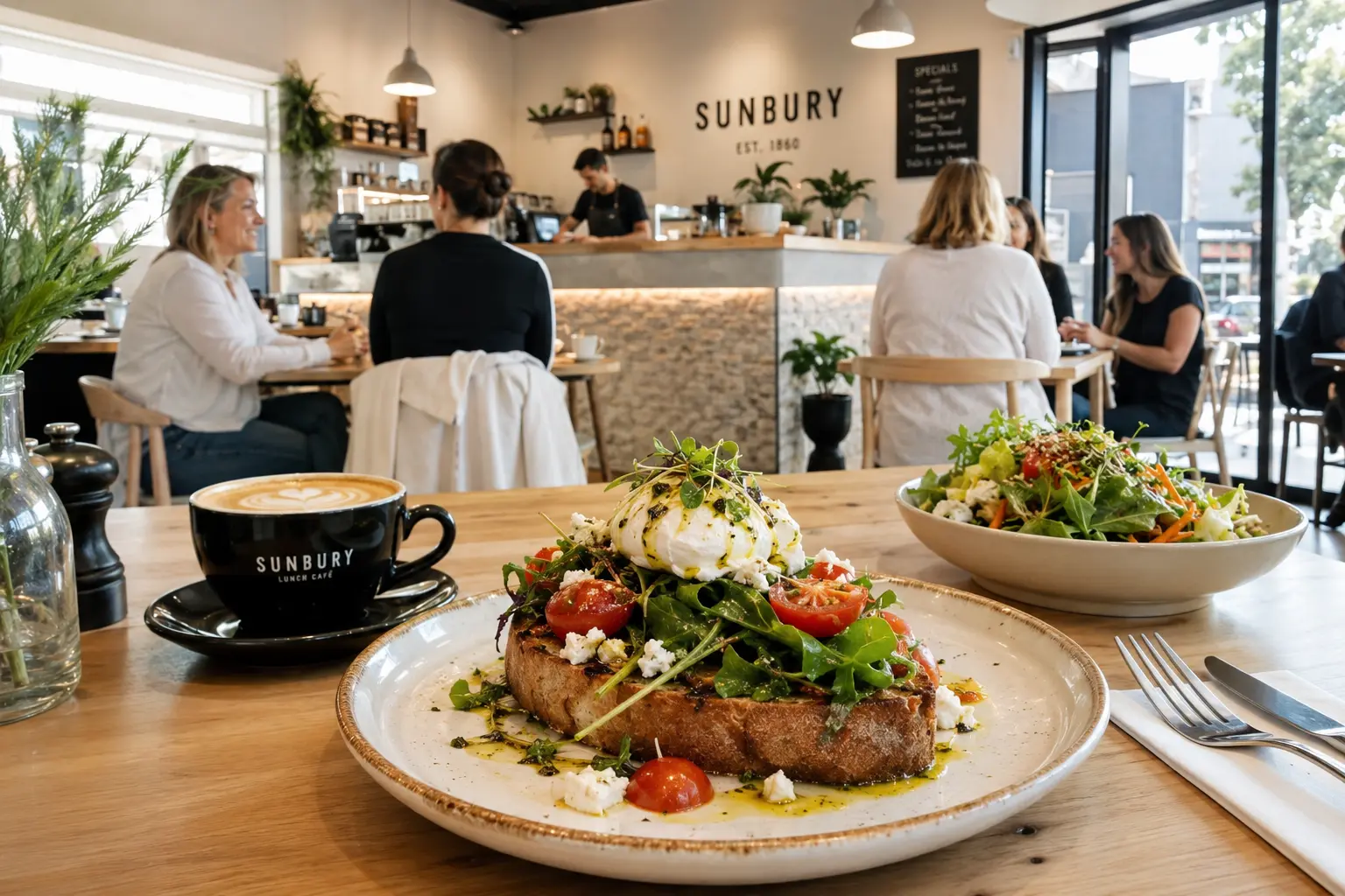 Fresh lunch dishes and specialty coffee at The Spotted Owl lunch in Sunbury.