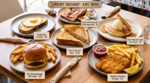 : Kids' menu options for Sunbury Takeaway Food arranged on a wooden table, including a cheeseburger with chips, chicken schnitzel, ham and cheese melt, toast with spreads, single egg on toast, and a pancake topped with ice cream.