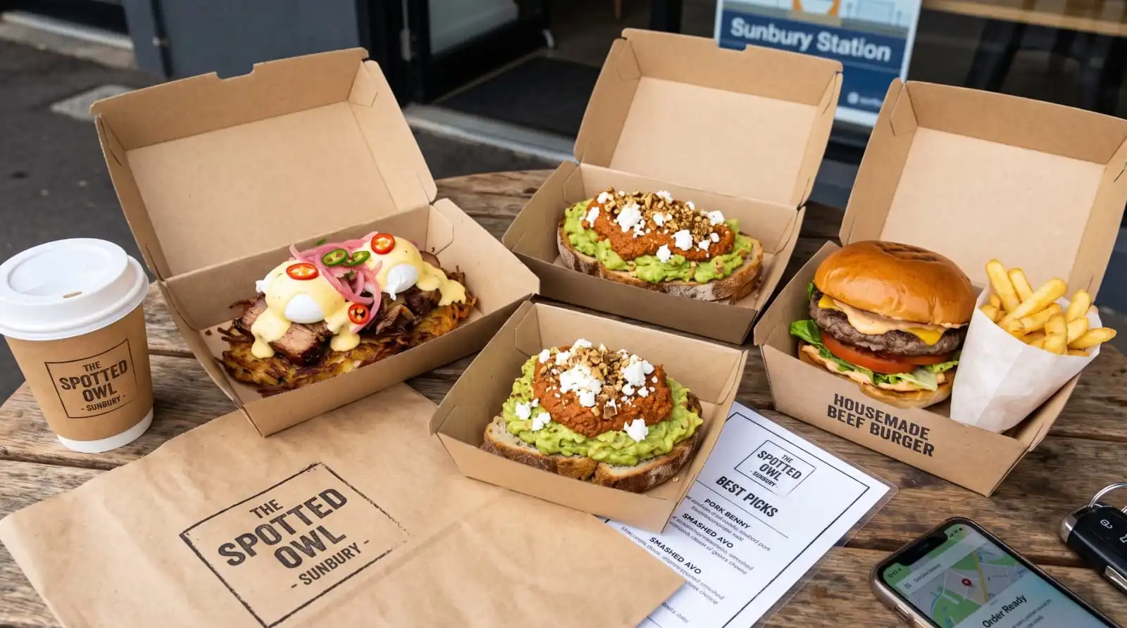 Freshly prepared dishes from The Spotted Owl, offering delicious Sunbury takeaway food including smashed avo, pork benny, and a housemade beef burger with fries.