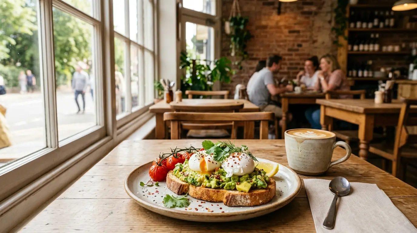 Smashed avocado breakfast plate with poached eggs on a wooden table, representing the best cafe in Sunbury for all-day breakfast