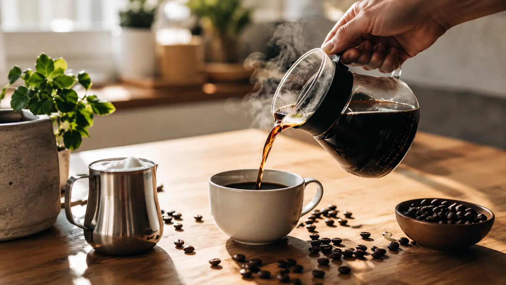 Close-up of freshly brewed how to make café coffee being poured into a ceramic cup on a wooden kitchen bench with morning light