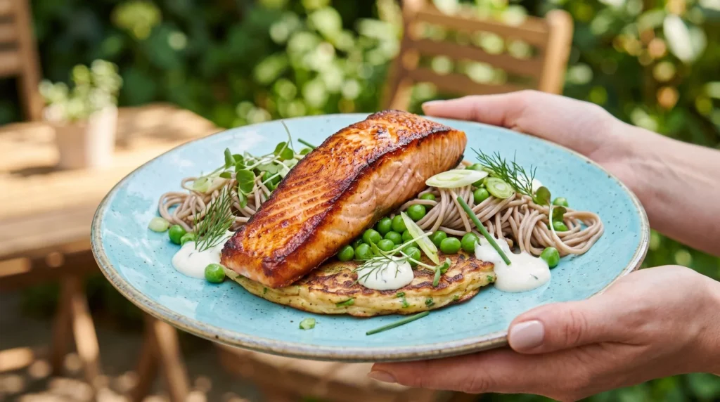 A pan-seared salmon fillet served over a savory pancake with soba noodles, green peas, microgreens, and creamy sauce, featured for **best pancakes in Sunbury**.