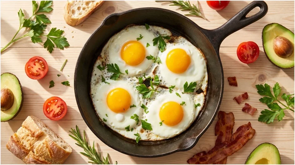 Breakfast Foods With Eggs featuring fried eggs, fresh herbs, avocado, tomatoes, bacon, and toasted bread 
