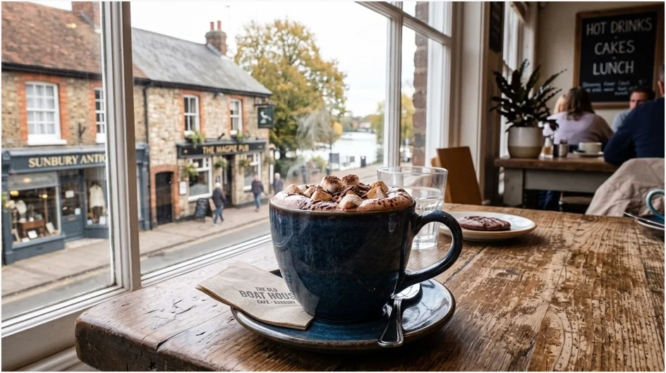 Dark hot chocolate topped with whipped cream and chocolate pieces at a cozy café in Sunbury