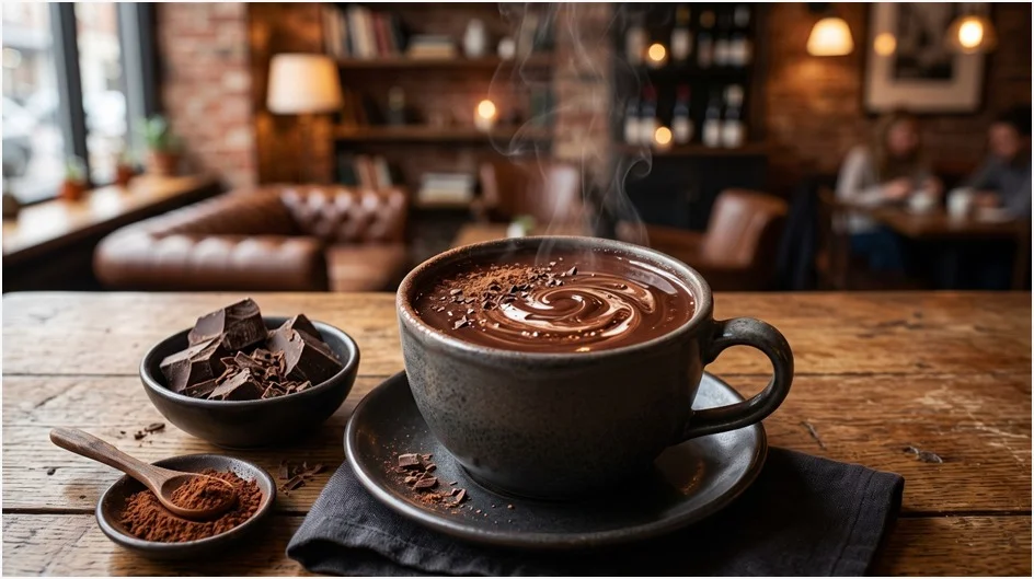 Dark hot chocolate with rich cocoa, dark chocolate pieces, and cocoa powder in a cozy café