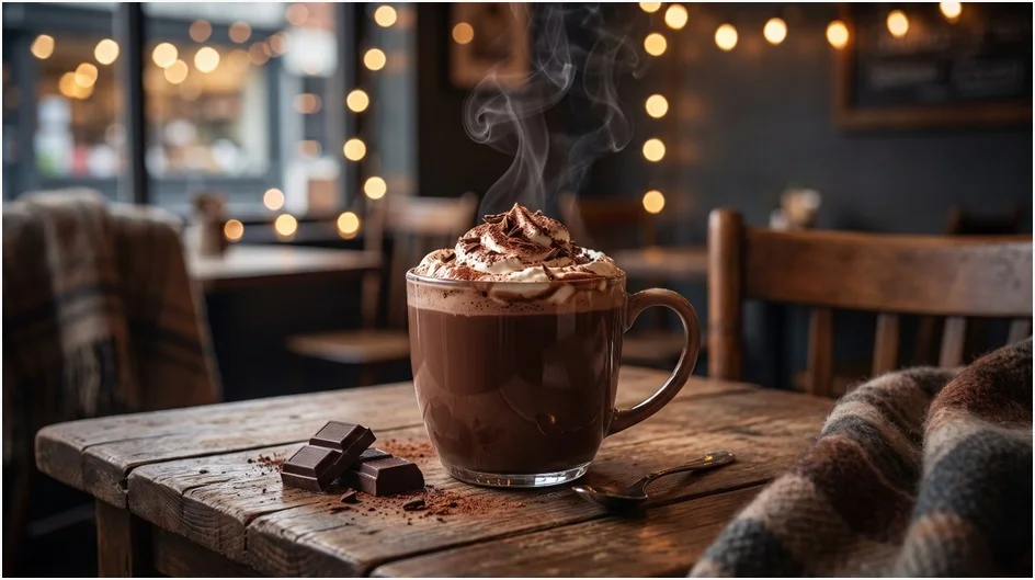 Dark hot chocolate topped with whipped cream and chocolate shavings in a cozy café