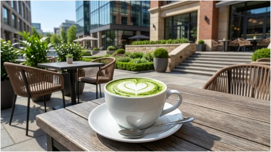 A white cup filled with a matcha green tea latte featuring heart-shaped foam art sits on a saucer with a small spoon, placed on an outdoor wooden table at a modern café courtyard.