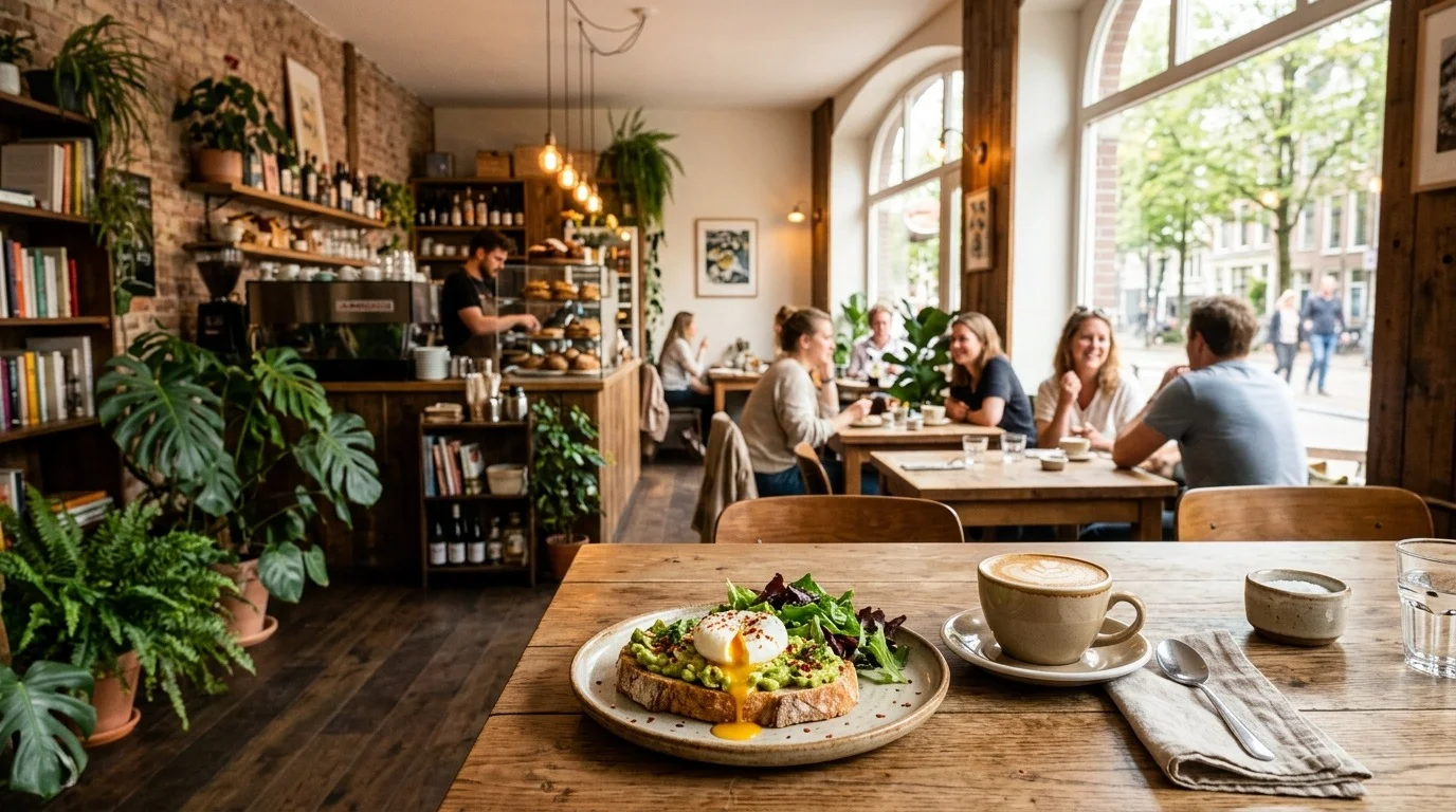 A plate of smashed avocado toast topped with a runny poached egg and fresh greens, served alongside a warm latte on a wooden table, with customers dining in a cozy café setting for a **healthy breakfast near me in Sunbury**.