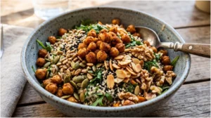 Nourish Bowls with chickpeas, quinoa, seeds, nuts, fresh greens, and roasted vegetables