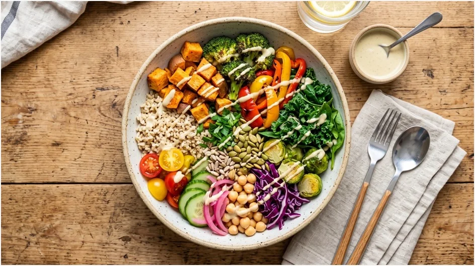 Nourish Bowls at The Spotted Owl with fresh vegetables, grains, chickpeas, and roasted sweet potatoes