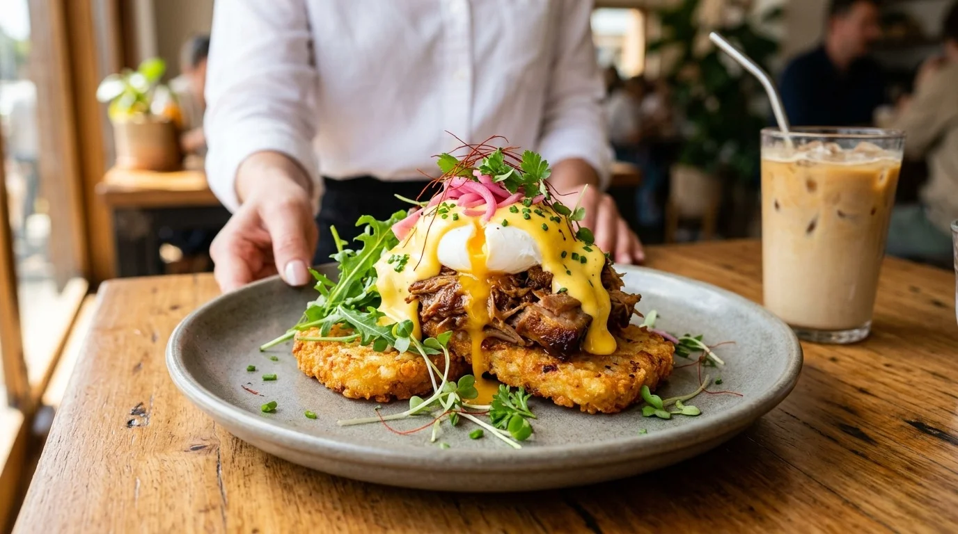Pork benny with crispy pork belly, poached egg and hollandaise sauce on a toasted muffin.