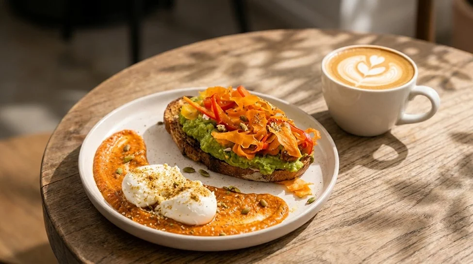 A plate featuring smashed avocado toast topped with shaved ribbons of orange carrots and red peppers sits alongside two poached eggs resting on a smear of red pepper sauce, accompanied by a cup of latte art coffee on a round wooden bistro table.