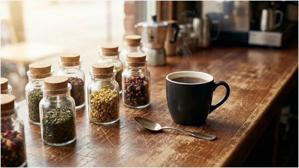 Jars of loose-leaf tea blends beside a steaming cup at a Sunbury tea shop.