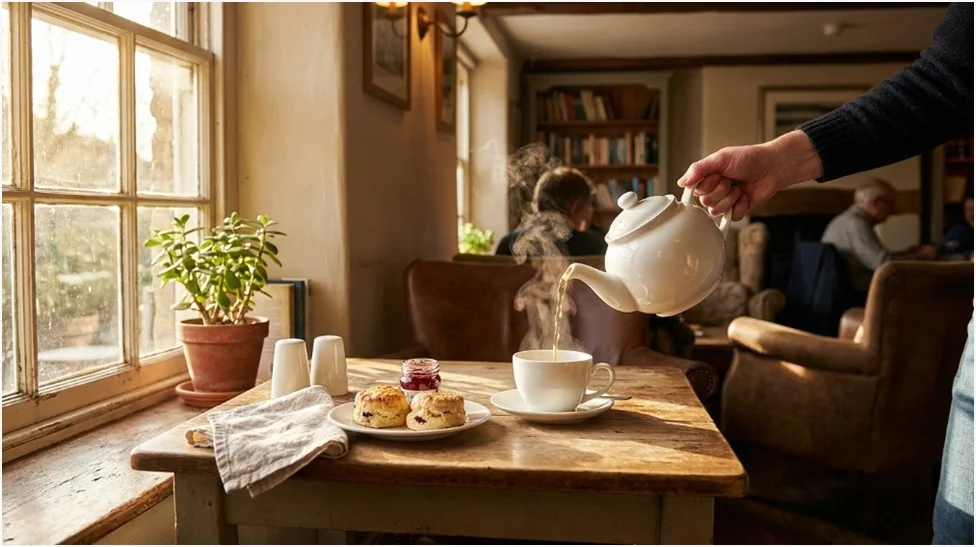 Cosy tea shop in Sunbury with a teapot pouring into a ceramic cup on a wooden table.