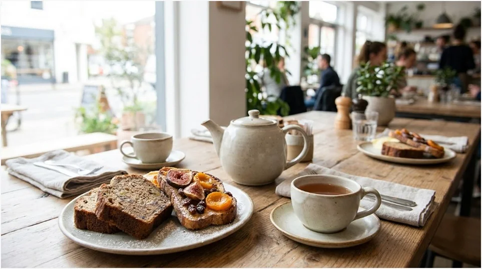 Pot of tea served with banana bread and fruit toast on a cafe table