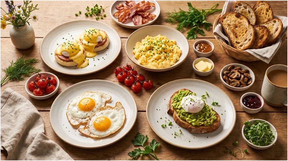 A wooden table spread featuring various breakfast dishes, including eggs prepared four ways (Eggs Benedict, fried, scrambled, and on avocado toast), along with bacon, toast, and assorted sides.