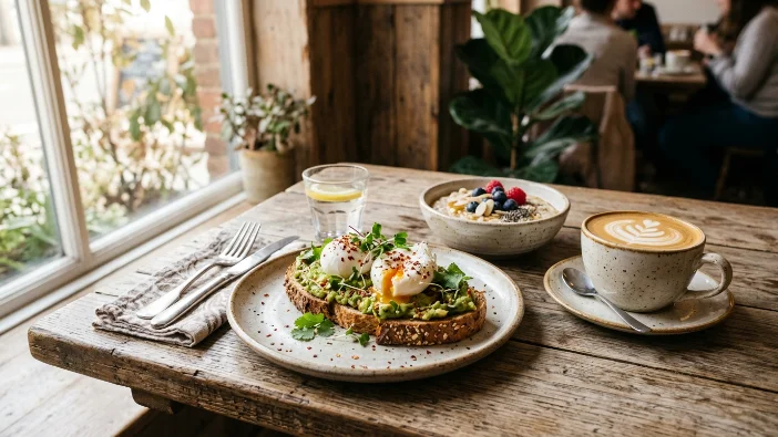 Smashed avocado toast with poached eggs, oat porridge, and coffee on a café table, an example of a healthy breakfast near me in Sunbury
