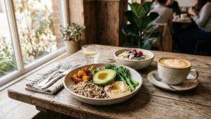 Vegan nourish bowl with quinoa, roasted pumpkin, avocado, and hummus, a plant-based healthy breakfast option