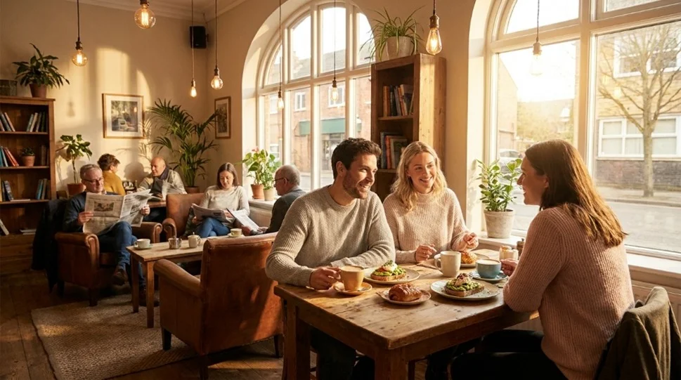 Customers enjoying breakfast at a sunlit café table at The Spotted Owl in Sunbury