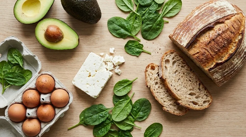 Fresh avocado, eggs, feta, spinach, and sourdough bread laid out on a wooden table