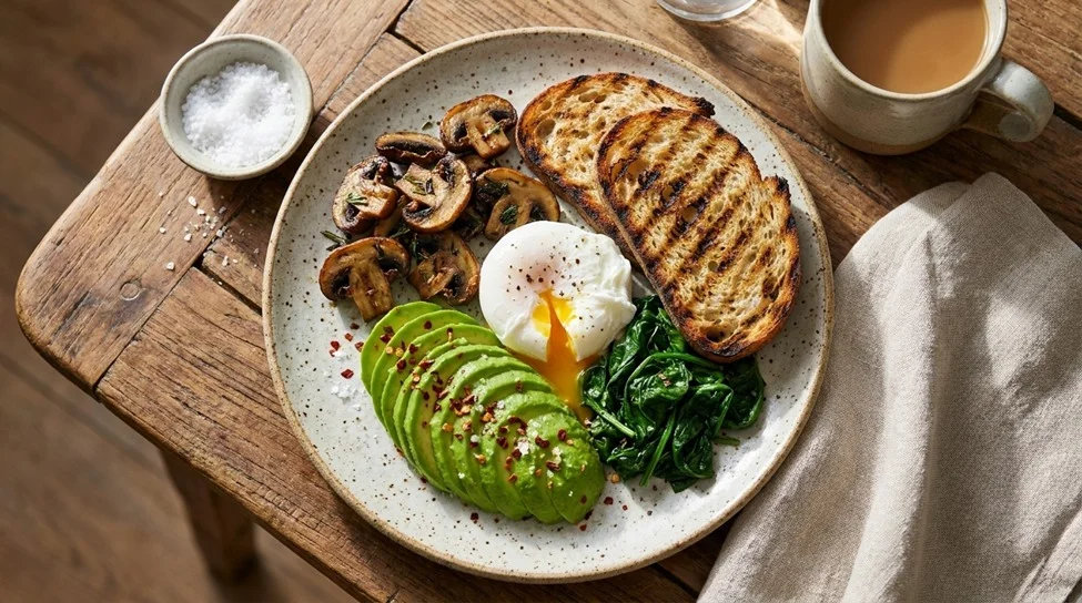 Best Vegetarian Breakfast plate with poached egg, avocado, mushrooms, spinach, and sourdough toast
