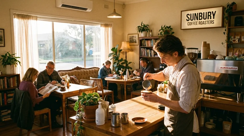 Best Coffee Cafe Near Me in Sunbury a warm and cozy coffee cafe interior in Sunbury featuring a barista preparing fresh coffee, comfortable seating, bookshelves, plants, and a welcoming atmosphere.