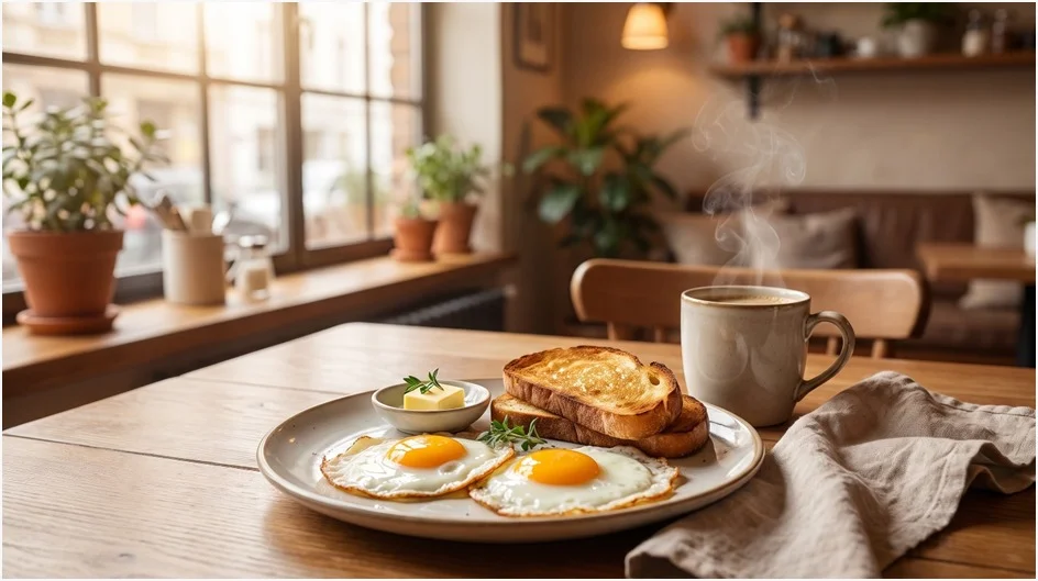 Breakfast Foods With Eggs featuring fried eggs, toasted bread, butter, and a hot cup of coffee on a cozy breakfast table.