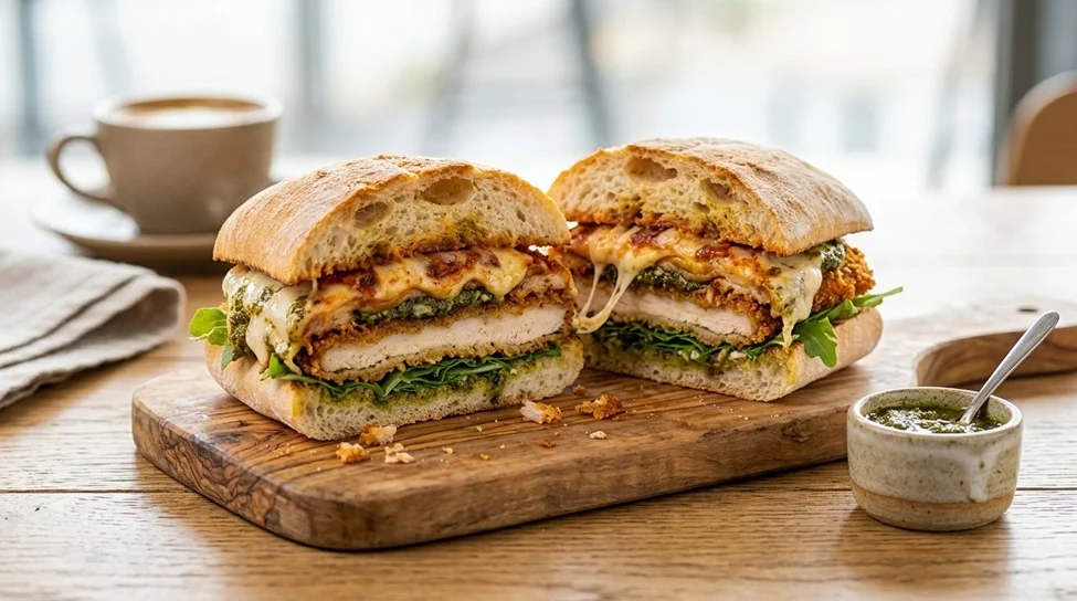 Chicken parma sandwich cut in half on toasted ciabatta, showing melted cheese and crispy schnitzel