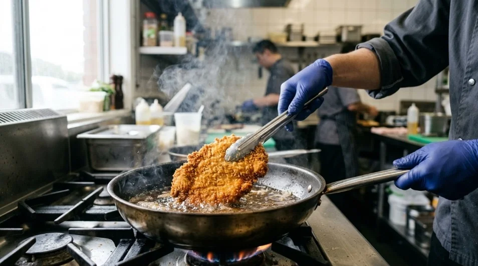  Golden crumbed chicken schnitzel frying in a pan, about to become a chicken parma sandwich.
