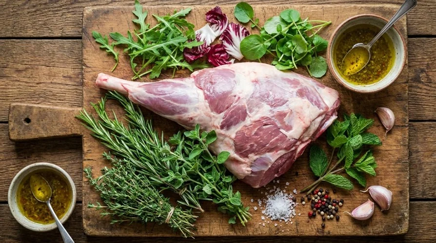 ingredients for warm braised lamb salad including lamb shoulder and fresh greens Warm Braised Lamb Salad