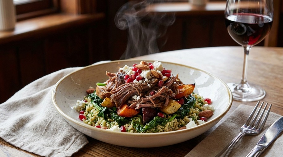 finished warm braised lamb salad topped with feta and walnuts