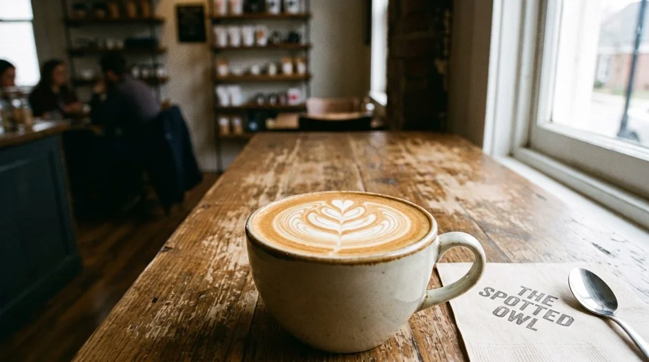 A cup of latte with latte art served in a beige ceramic mug rests on a rustic wooden table next to a paper napkin printed with the name "THE SPOTTED OWL" and a spoon, set inside a cozy café background.
