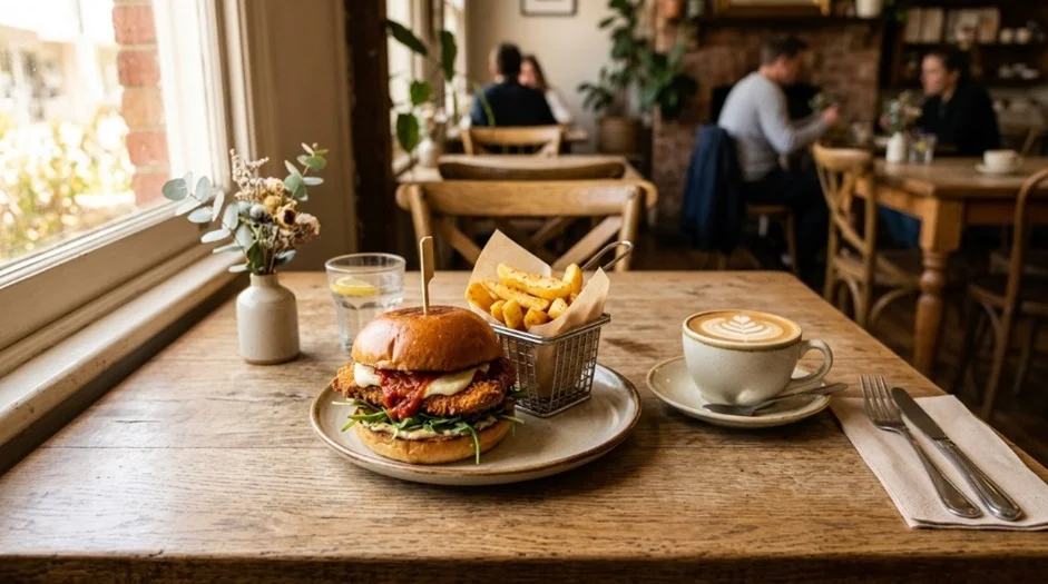 Chicken parma sandwich served with chips and a latte on a cafe table