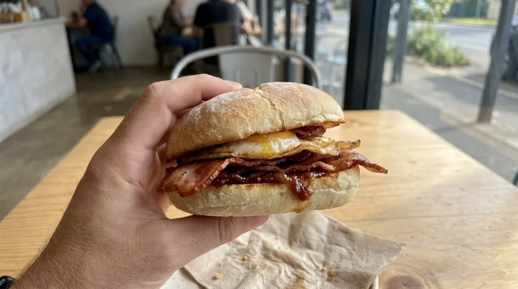 Hand holding a bacon and egg roll in a Sunbury cafe.
