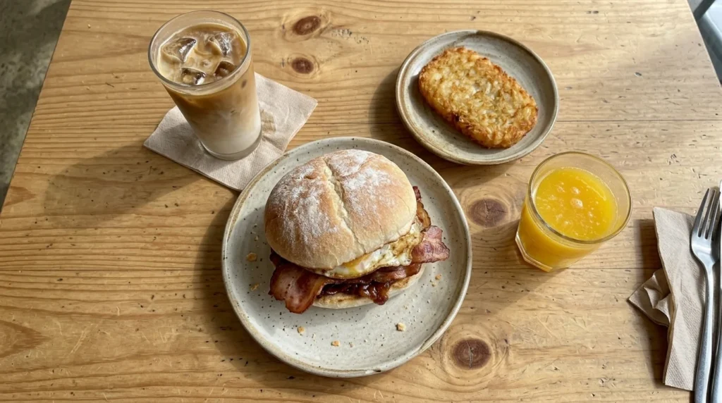 Breakfast roll with hash brown, juice and iced latte.
