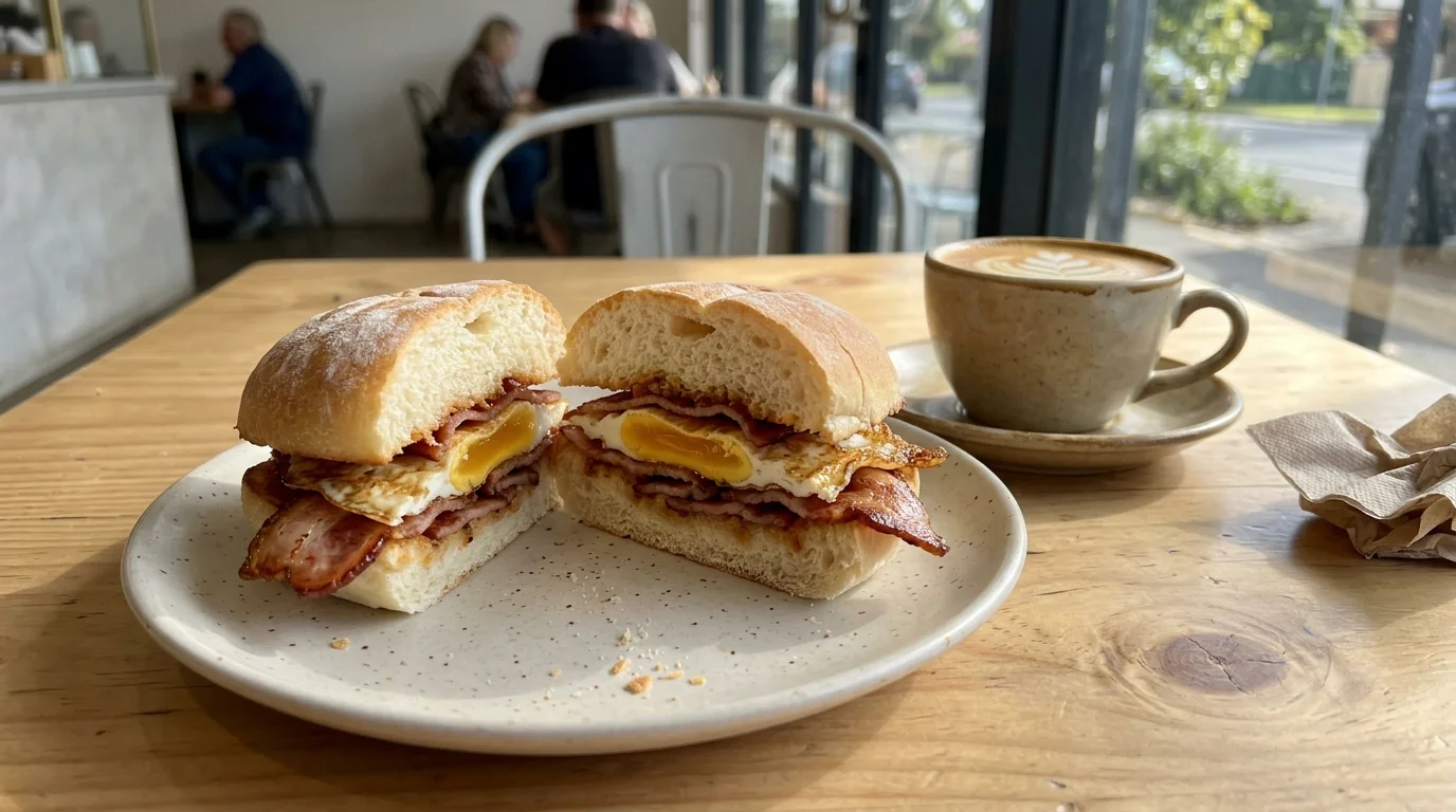 Bacon and egg roll with a flat white on a cafe table in Sunbury.