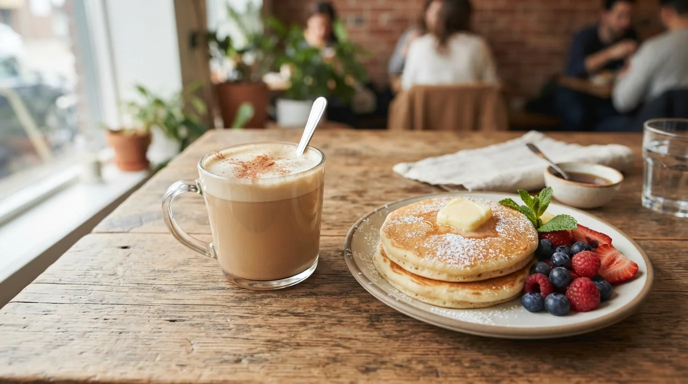 Chai latte served with pancakes at a Sunbury cafe brunch table