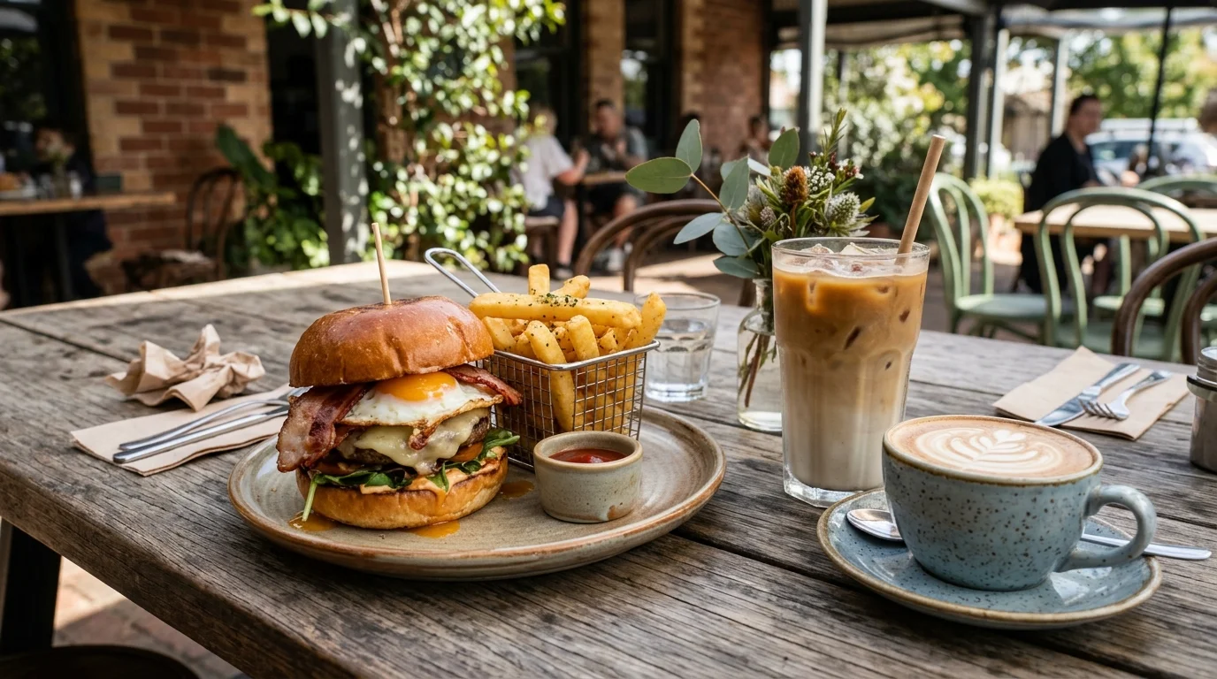 Breakfast burger with fried egg, bacon, hash brown and cheese on a milk bun at The Spotted Owl in Sunbury.