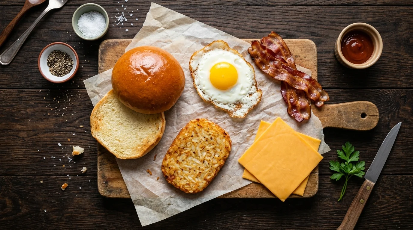 Ingredients of a breakfast burger including milk bun, egg, bacon, hash brown and cheese.