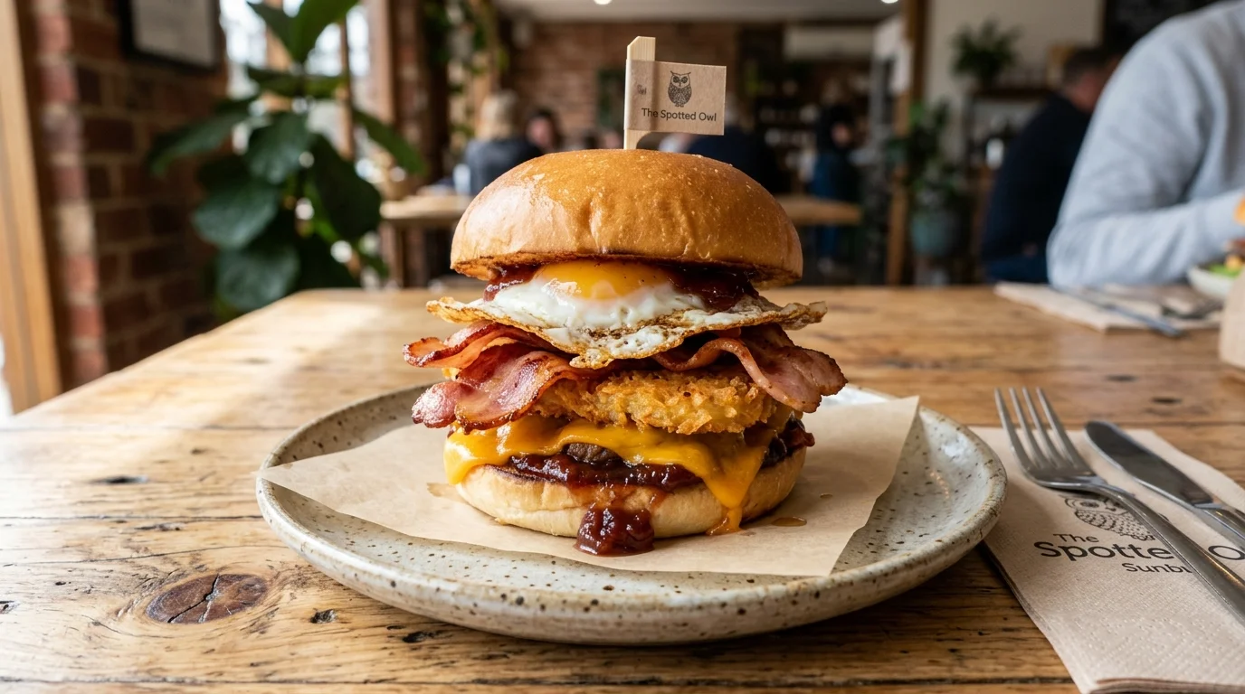 A stacked breakfast burger from The Spotted Owl with egg, bacon, hash brown, cheese, and relish, served on a plate with cutlery