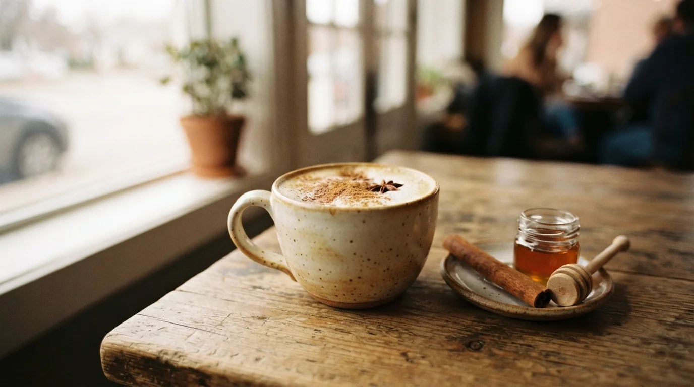 Cup of chai latte dusted with cinnamon on a wooden cafe table in Sunbury