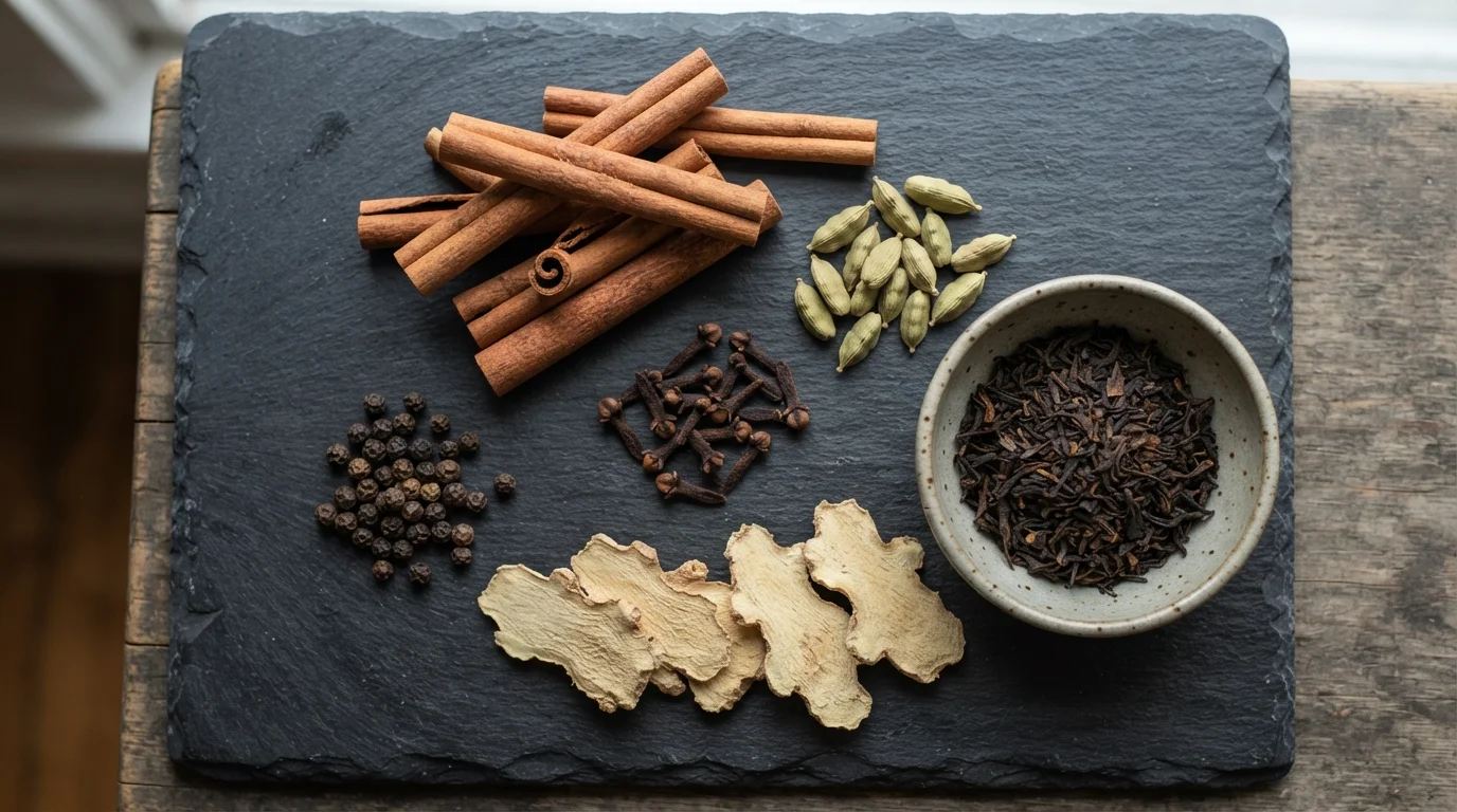 Whole chai spices and black tea arranged on a slate board